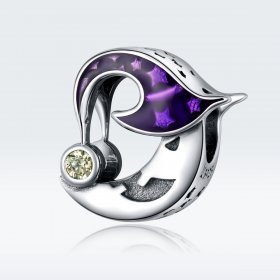 Pandora Style Silver Charm, Evil Moon, Purple Enamel - SCC1618