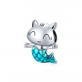 Pandora Style Silver Charm, Cat Mermaid, Cyan Enamel - SCC1852