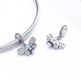 Pandora Style Silver Dangle Charm, Blue Bee, Cyan Enamel - SCC1480