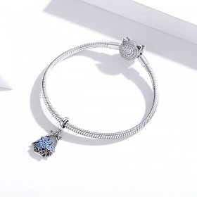 Pandora Style Silver Dangle Charm, Flower Basket, Blue Enamel - SCC1717