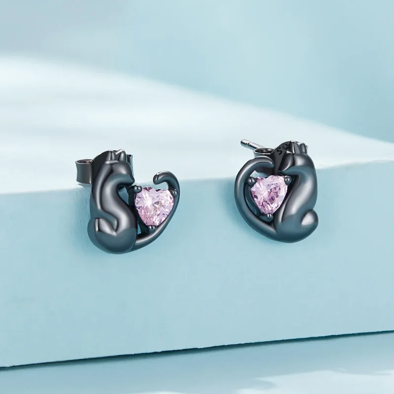 (image for) Pandora Style Black Cat Stud Earrings - SCE1591-D - View 2