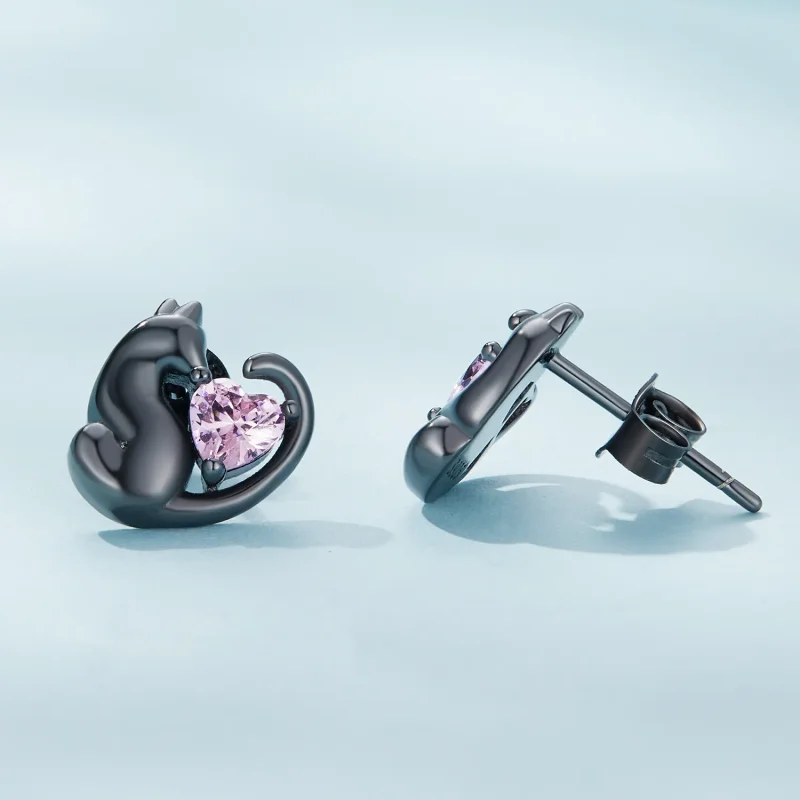 (image for) Pandora Style Black Cat Stud Earrings - SCE1591-D - View 3