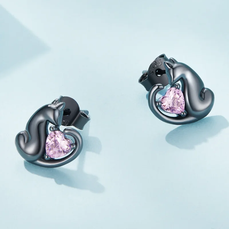 (image for) Pandora Style Black Cat Stud Earrings - SCE1591-D - View 4