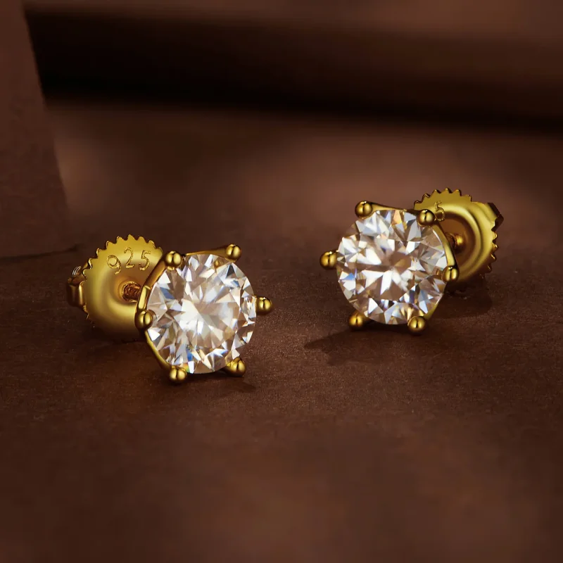 (image for) Pandora Style Gold Plated One Carat Six-Claw Moissanite Stud Earrings - MSE004-B - View 3