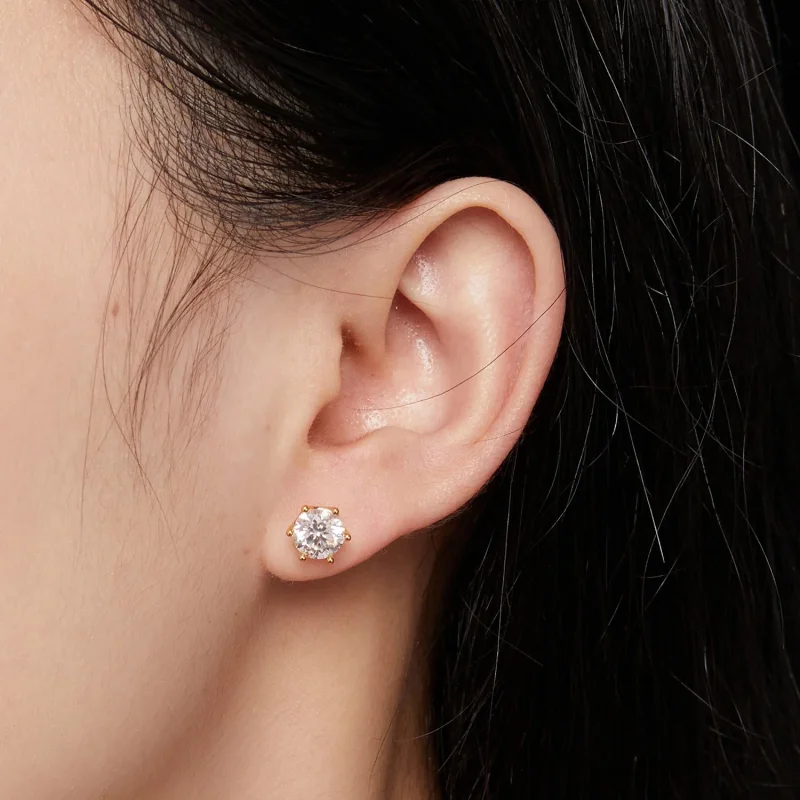 (image for) Pandora Style Gold Plated One Carat Six-Claw Moissanite Stud Earrings - MSE004-B - View 4