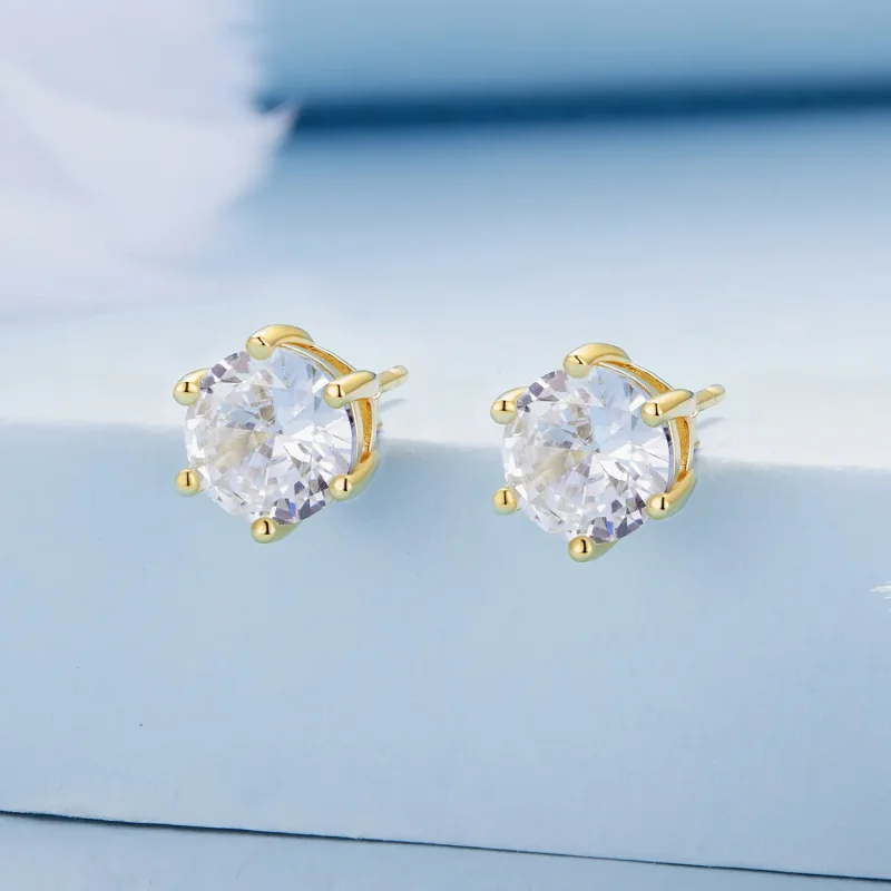 (image for) Pandora Style Gold Plated Shiny Zircon Stud Earrings - BSE615-7B - View 2
