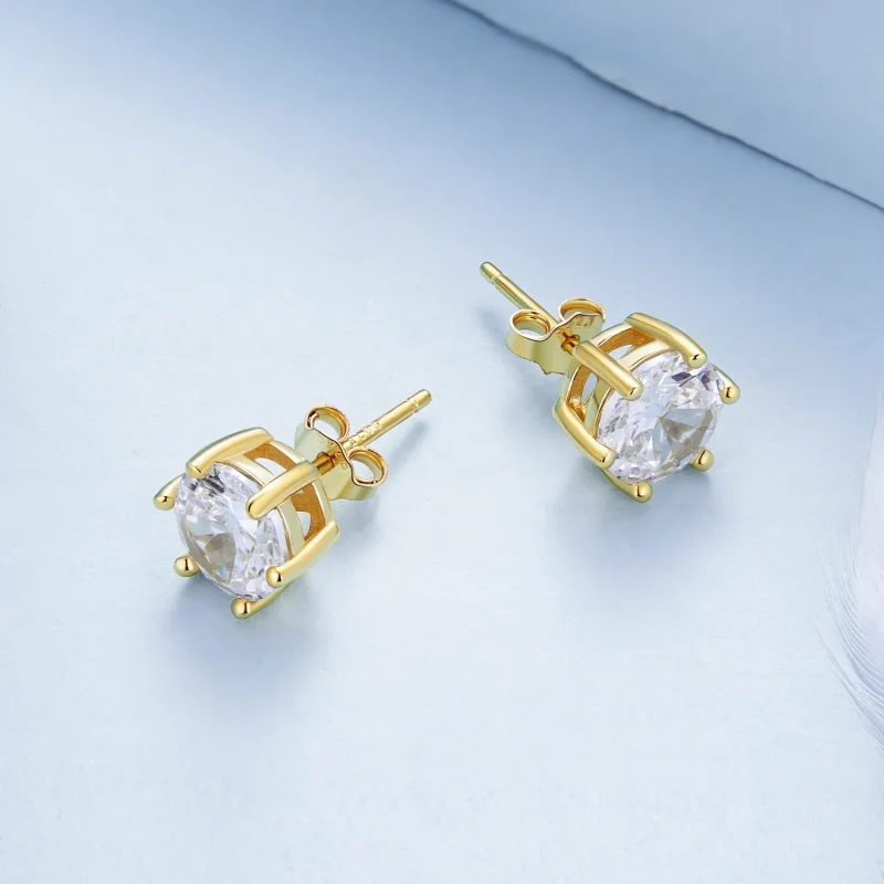(image for) Pandora Style Gold Plated Shiny Zircon Stud Earrings - BSE615-7B - View 3