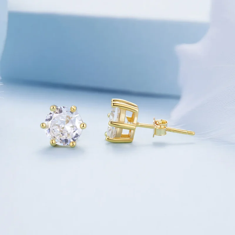 (image for) Pandora Style Gold Plated Shiny Zircon Stud Earrings - BSE615-7B - View 4