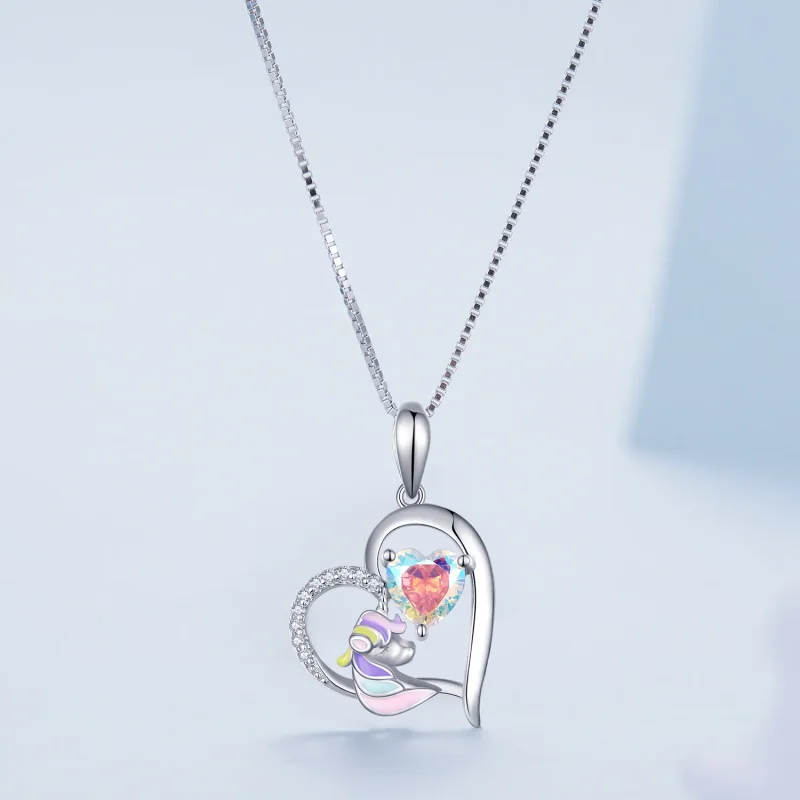 (image for) Pandora Style Necklace with Delicate Unicorn Heart - BSN328 - View 3