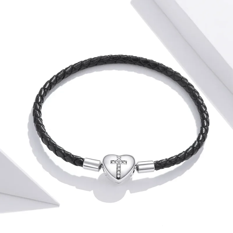 (image for) Black Pandora Style Leather Bracelet, Modern Cross - SCB205 - View 2
