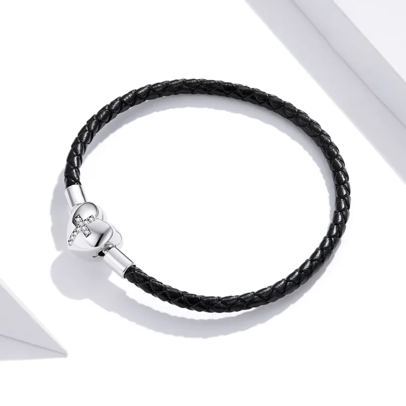 (image for) Black Pandora Style Leather Bracelet, Modern Cross - SCB205 - View 3