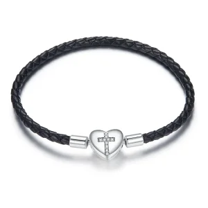 (image for) Black Pandora Style Leather Bracelet, Modern Cross - SCB205