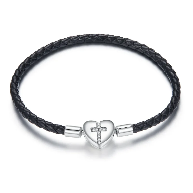(image for) Black Pandora Style Leather Bracelet, Modern Cross - SCB205 - Product Image