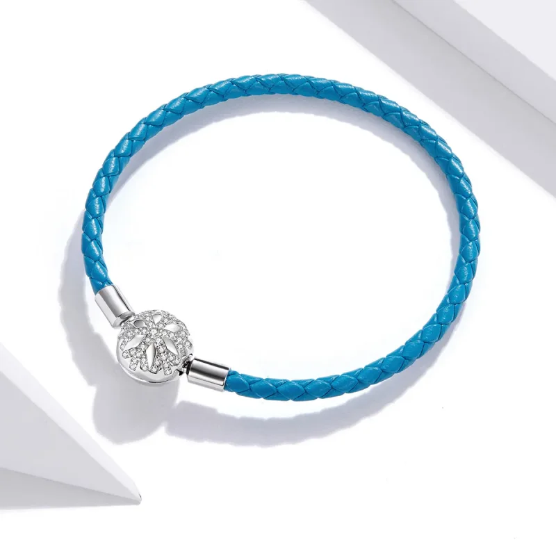(image for) Cyan Blue Pandora Style Leather Bracelet, Snowflake - SCB196 - View 2