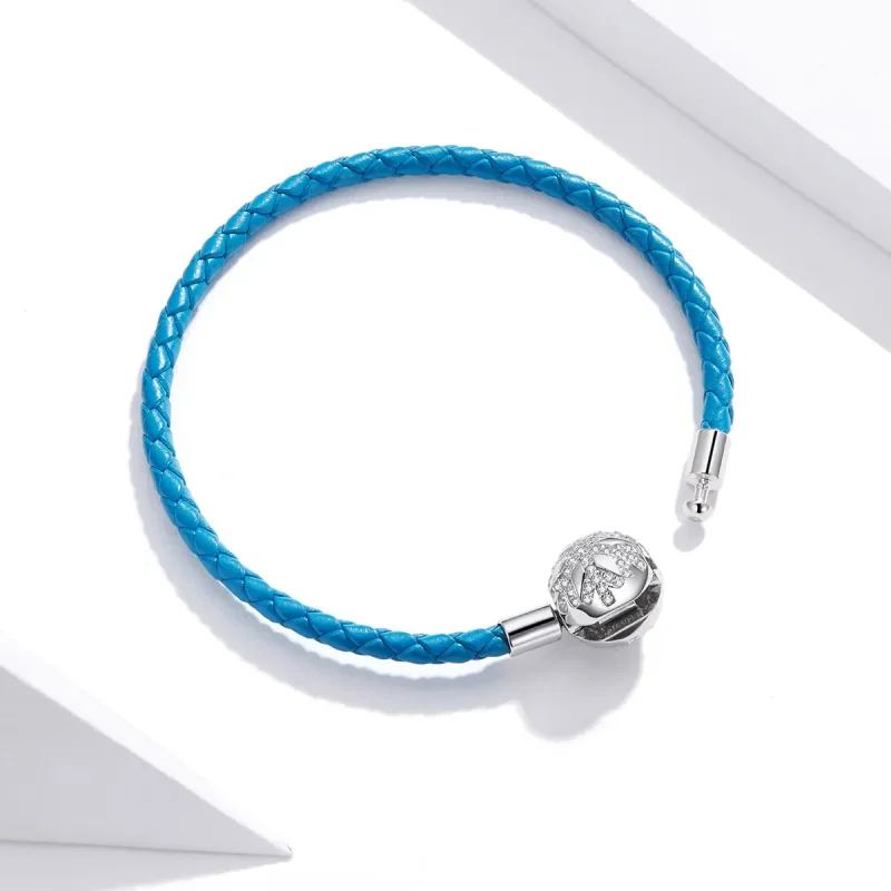(image for) Cyan Blue Pandora Style Leather Bracelet, Snowflake - SCB196 - View 3