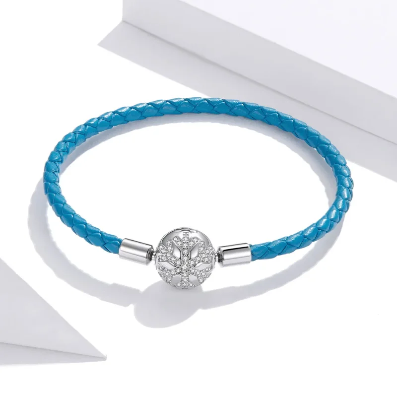 (image for) Cyan Blue Pandora Style Leather Bracelet, Snowflake - SCB196 - View 4