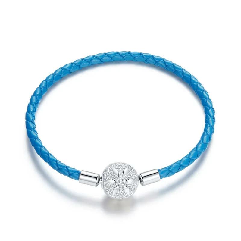 (image for) Cyan Blue Pandora Style Leather Bracelet, Snowflake - SCB196 - Product Image