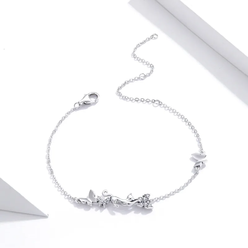 (image for) Pandora Style Silver Bracelet Cat & Butterflies - SCB195 - View 2
