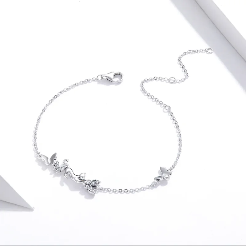 (image for) Pandora Style Silver Bracelet Cat & Butterflies - SCB195 - View 3