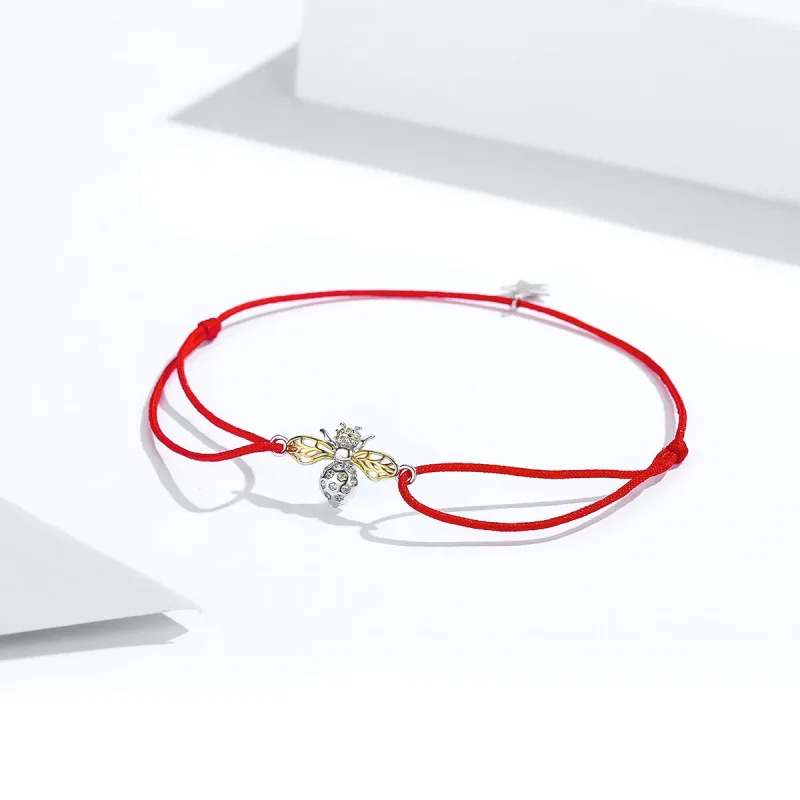 (image for) Red Rope with Silver & Gold-Plated Bee Bracelet - PANDORA Style - SCB156 - View 3