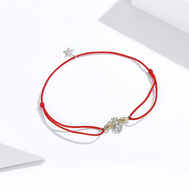 (image for) Red Rope with Silver & Gold-Plated Bee Bracelet - PANDORA Style - SCB156 - View 4