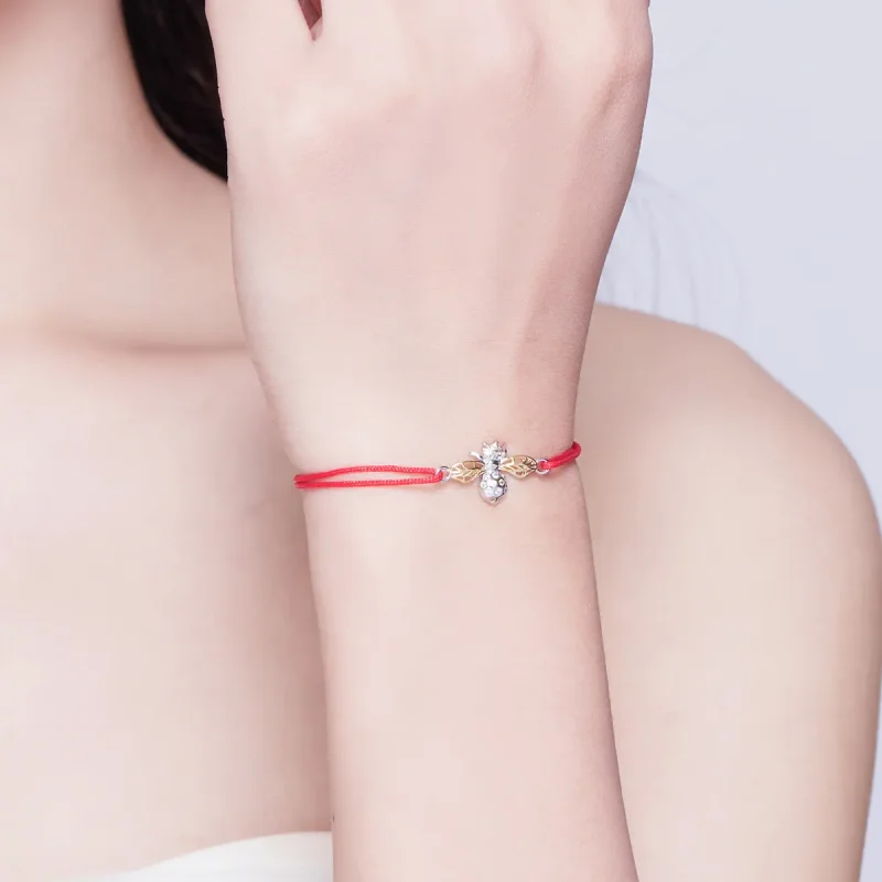 (image for) Red Rope with Silver & Gold-Plated Bee Bracelet - PANDORA Style - SCB156 - View 5