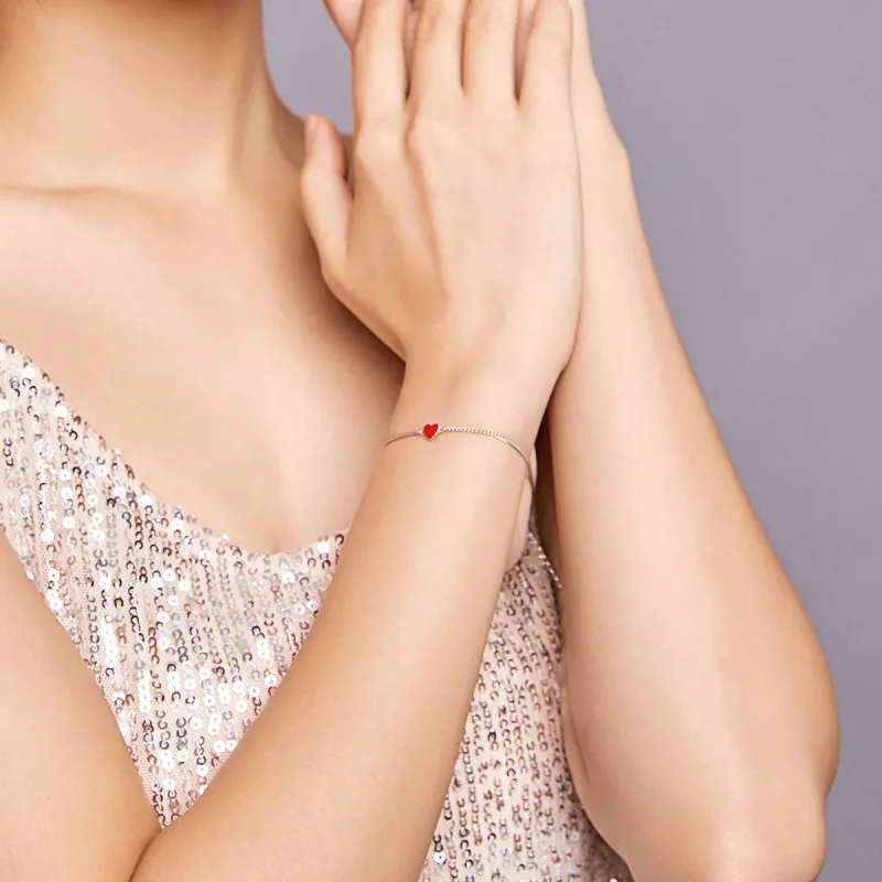 (image for) Red Pandora Style Silver Bracelet Heart - SCB182 - View 6