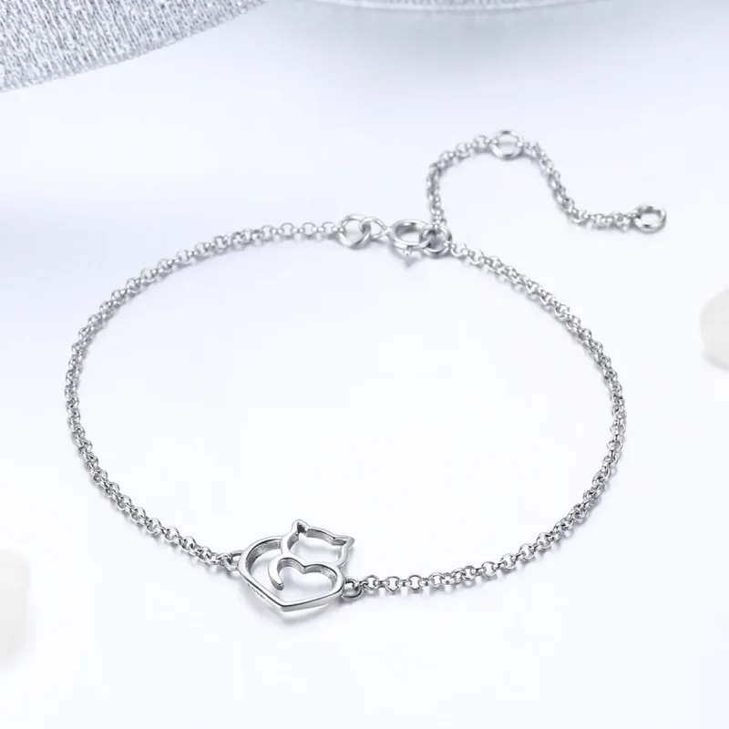 (image for) Rose Gold & Silver Cute Cat Chain Slider Bracelet - PANDORA Style - SCB102-C - View 3