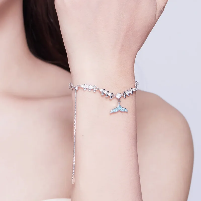 (image for) Silver Blue Fishtail Chain Slider Bracelet - PANDORA Style - SCB154 - View 5