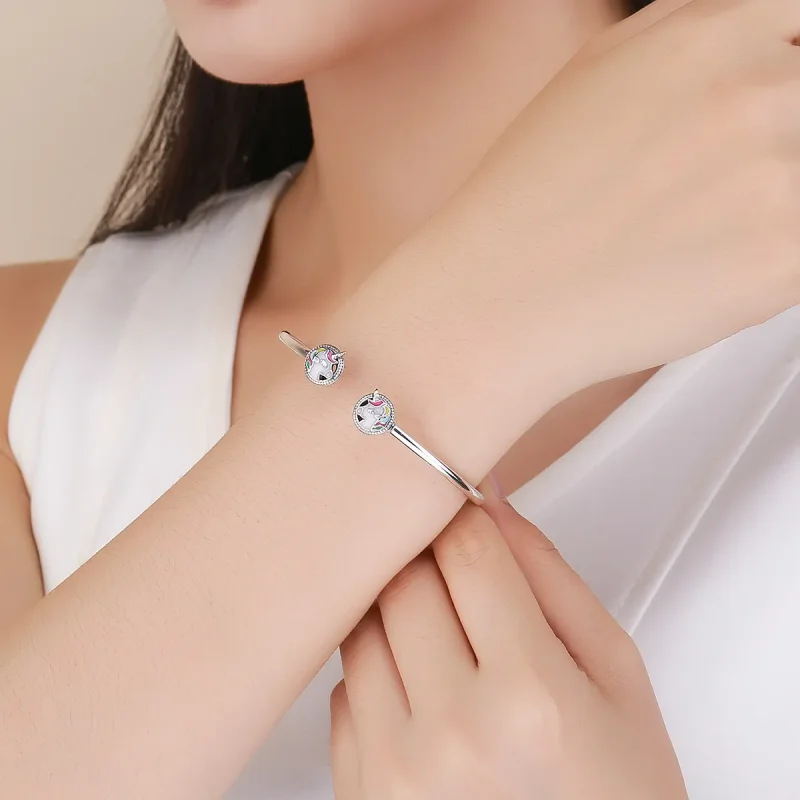 (image for) Silver Enamel Unicorn Memory Open Bangle - PANDORA Style - SCB082 - View 2