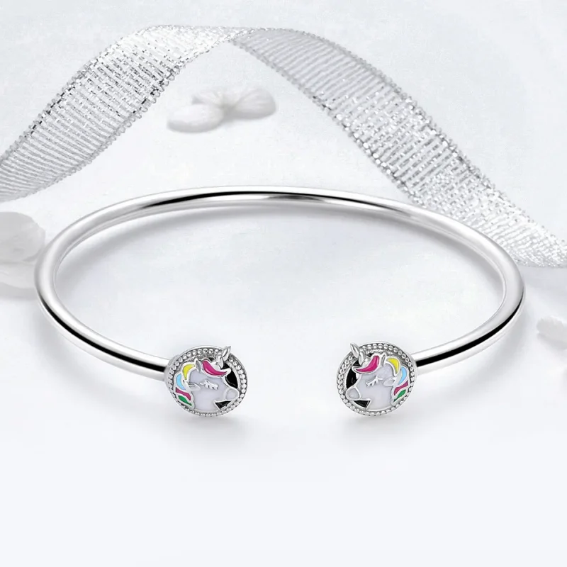 (image for) Silver Enamel Unicorn Memory Open Bangle - PANDORA Style - SCB082 - View 3