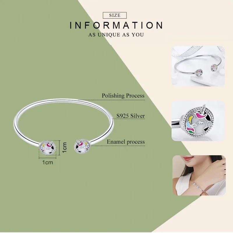 (image for) Silver Enamel Unicorn Memory Open Bangle - PANDORA Style - SCB082 - View 5