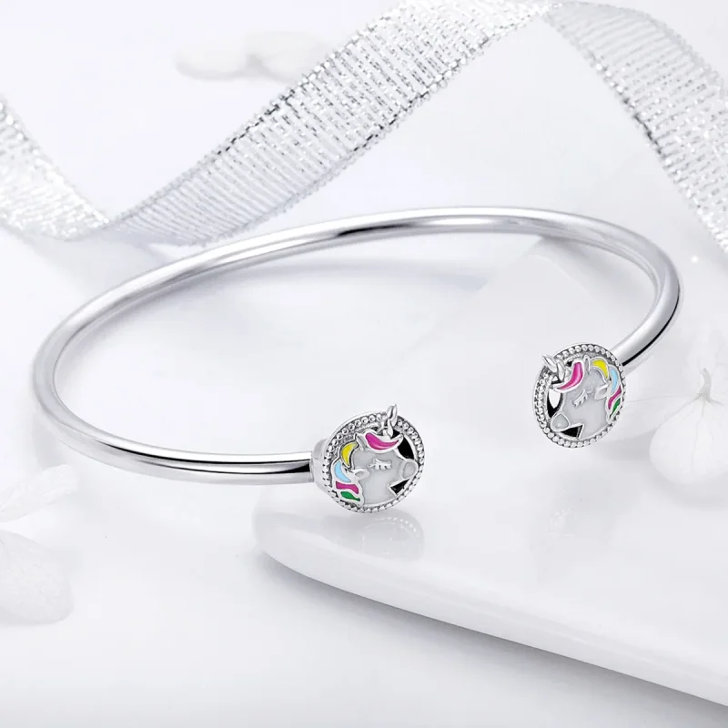 (image for) Silver Enamel Unicorn Memory Open Bangle - PANDORA Style - SCB082 - View 6