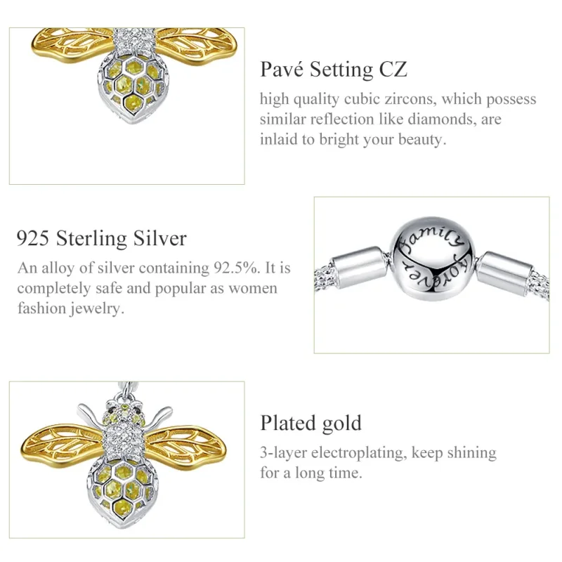 (image for) Silver & Gold-Plated Bee Mesh Bracelet - PANDORA Style - SCB830 - View 6