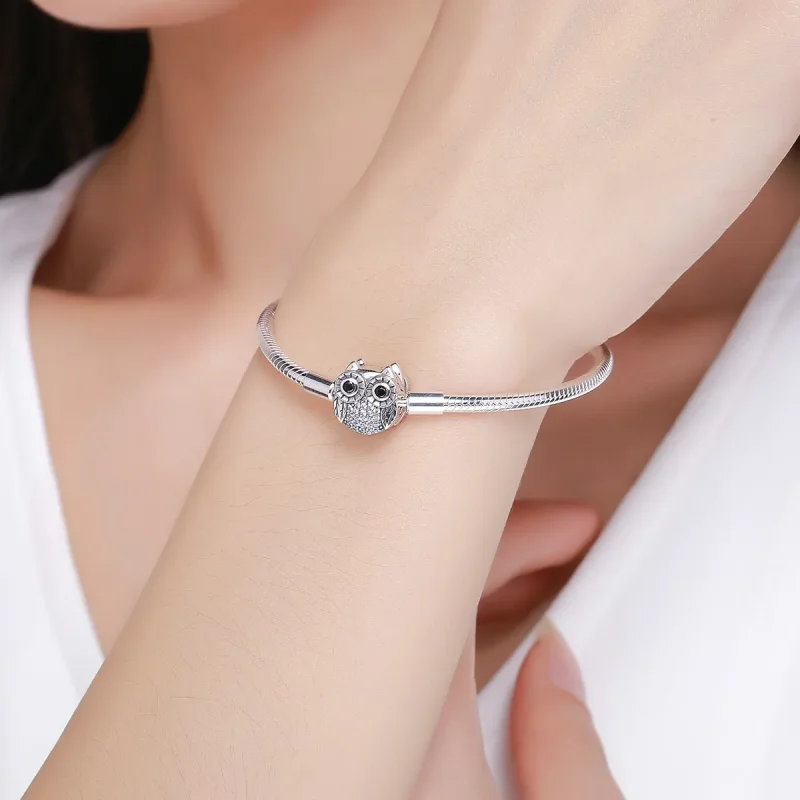 (image for) Silver Graduation Cute Owl Chain Bracelet - PANDORA Style - SCB067 - View 2