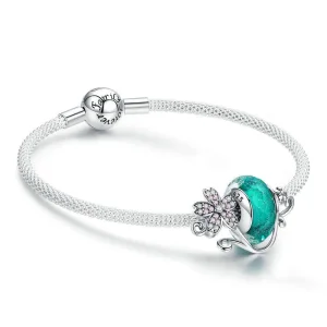 (image for) Silver Green Glass Bead and Sakura Mesh Bracelet - PANDORA Style - SCB822