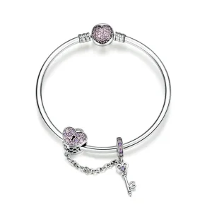(image for) Silver Pink Key and Pave Heart Lock Bangle - PANDORA Style - SCB820