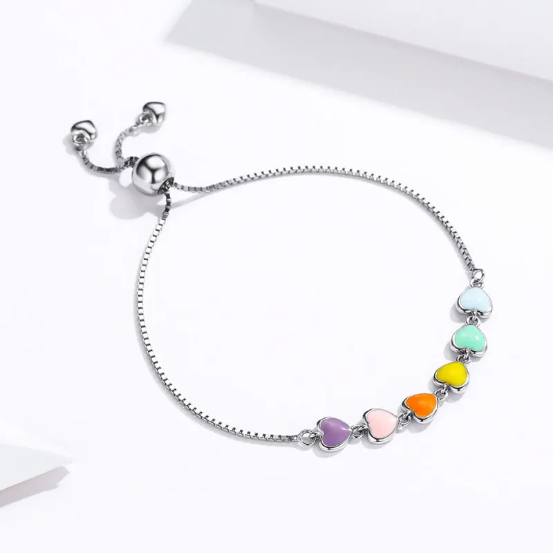 (image for) Silver Rainbow Hearts Chain Slider Bracelet - PANDORA Style - SCB158 - View 3
