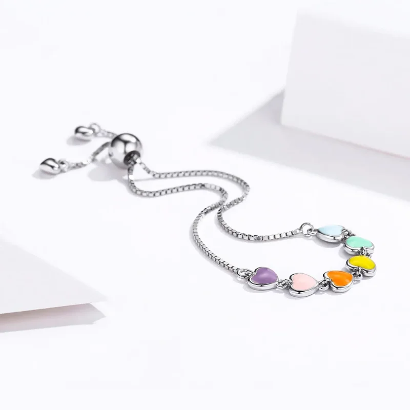 (image for) Silver Rainbow Hearts Chain Slider Bracelet - PANDORA Style - SCB158 - View 4