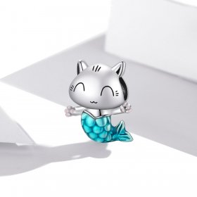 Pandora Style Silver Charm, Cat Mermaid, Cyan Enamel - SCC1852