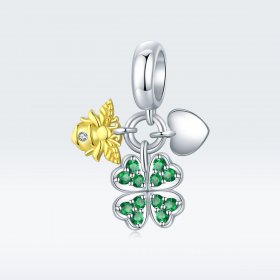 Pandora Style Tri-tone Bangle Charm, Bicolor Clover With Bee - BSC303