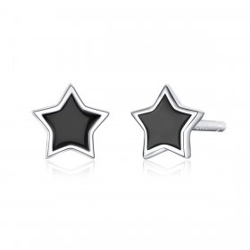 Pandora Style Silver Hoop Earrings, Stars, Black Enamel - BSE275