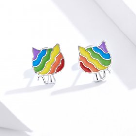 Pandora Style Silver Hoop Earrings, Rainbow Kitty, Multicolor Enamel - SCE823
