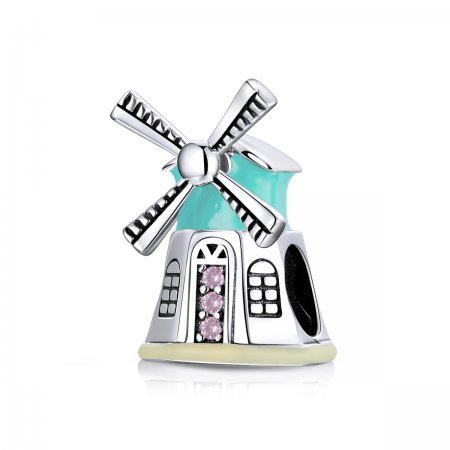 Pandora Style Silver Charm, Windmill, Multicolor Enamel - SCC1739