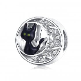 Pandora Style Silver Charm, Halloween Black Cat, Black Enamel - BSC325