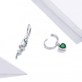 Pandora Style Silver Dangle Earrings, The Love of The Snake & Green Heart - SCE1006