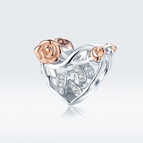 Two Tone Pandora Style Charm, Heart With Roses - BSC280