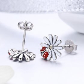 Silver Flower & Ladybug Stud Earrings - PANDORA Style - SCE459