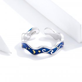 Pandora Style Silver Open Ring, Starry Sky From Van Gogh, Blue Enamel - SCR608