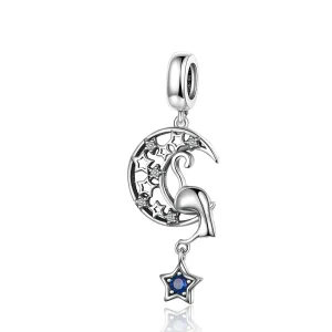 (image for) Pandora Compatible Silver Cat Play with Stars Dangle Charm - SCC1205